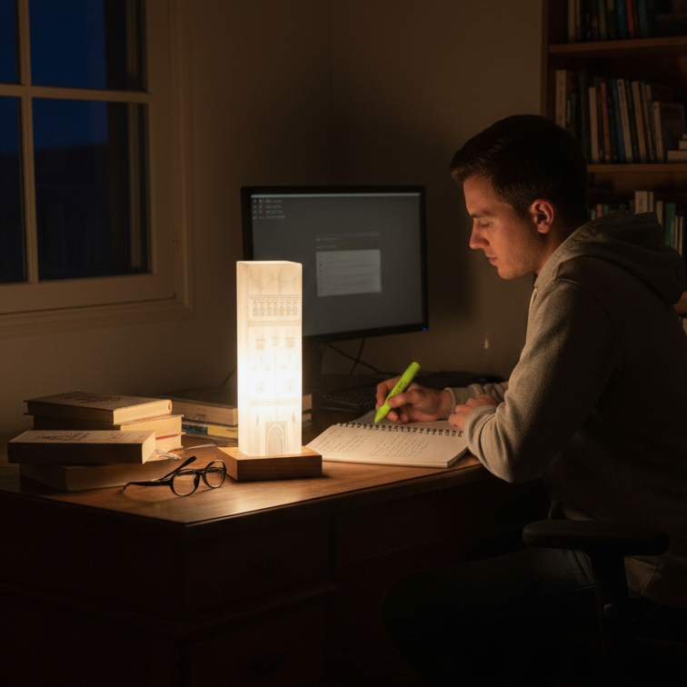 رجل يدرس أمام المصباح