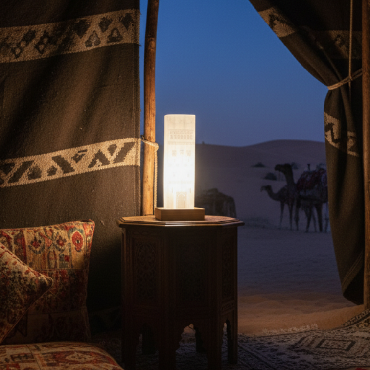 مصباح أصفر داخل خيمة في الصحراء
