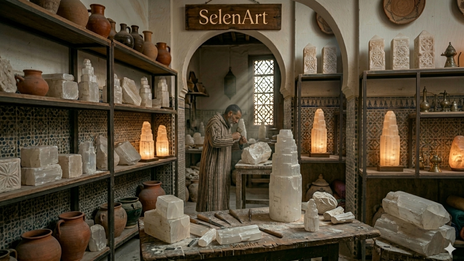 Travail artisanal autour de la sélénite