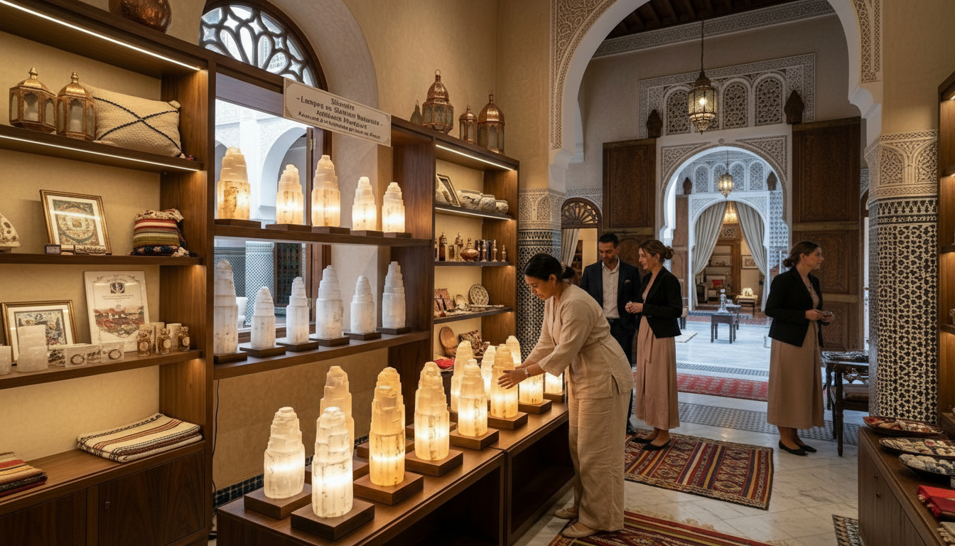 Présentation de lampes en sélénite dans un espace premium