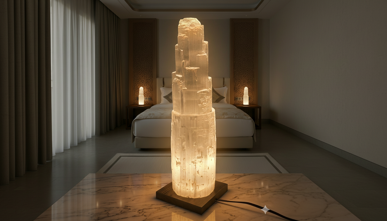 Lampe en sélénite dans un salon marocain élégant