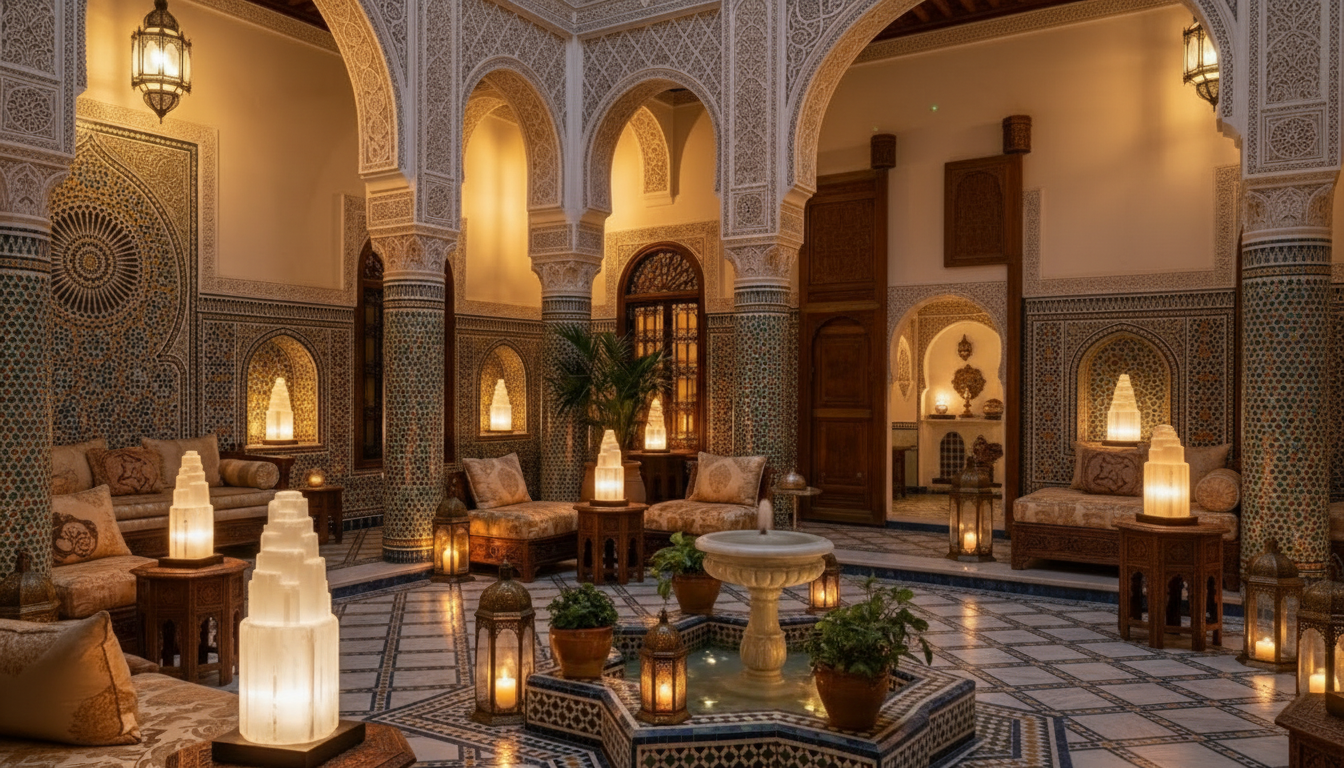 Lampe tour en sélénite dans une chambre premium