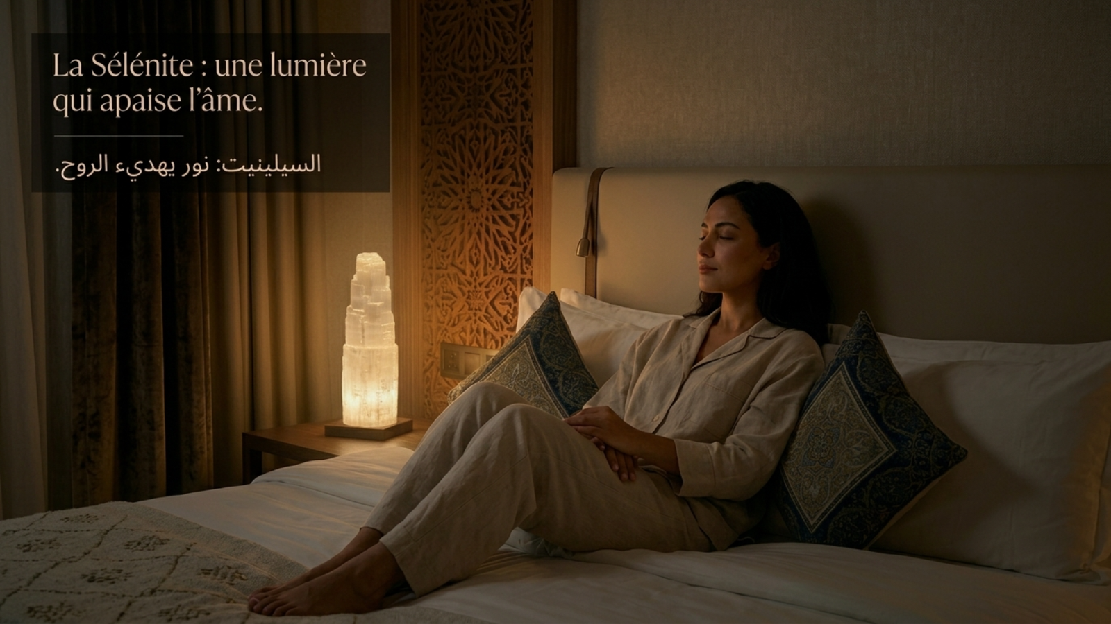 Lampe en sélénite dans un espace détente